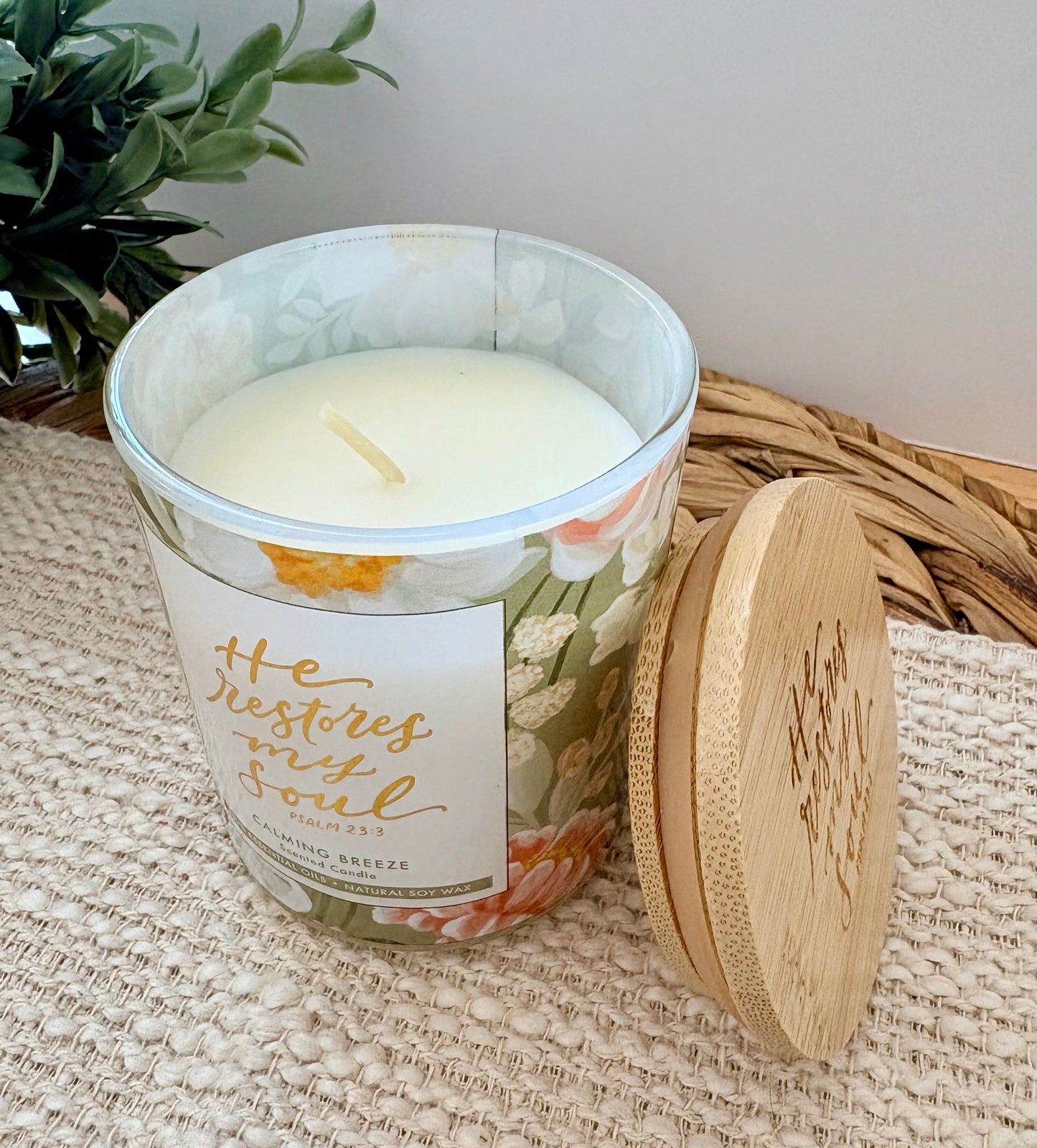 Glass Candle Bamboo Lid He Restores My Soul Ps. 23:3