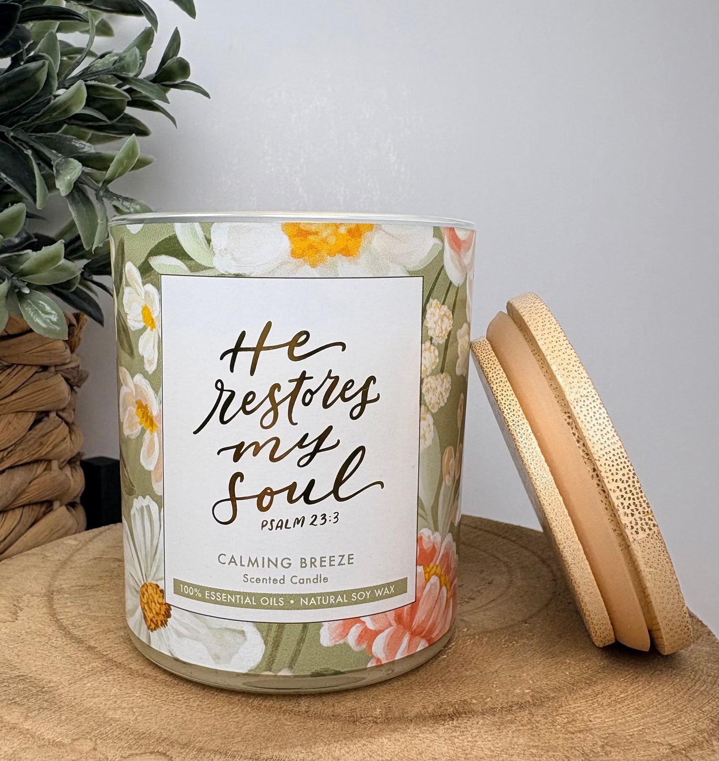 Glass Candle Bamboo Lid He Restores My Soul Ps. 23:3