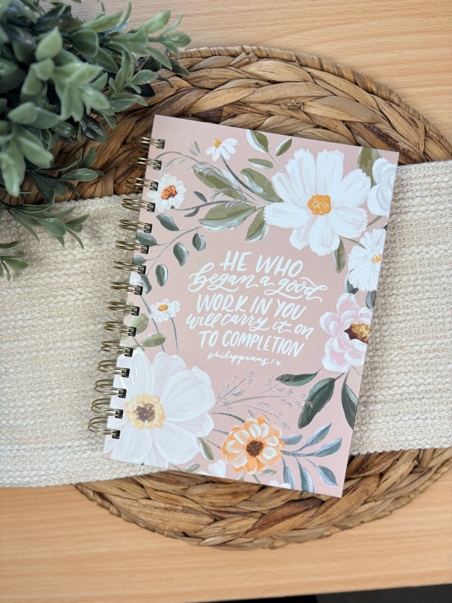 Journal Wire bound Beige Floral Good Work in You Phil. 1:6