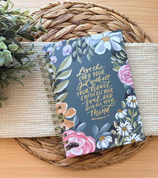 Journal Wirebound Teal Floral Love the Lord Matt. 22:37